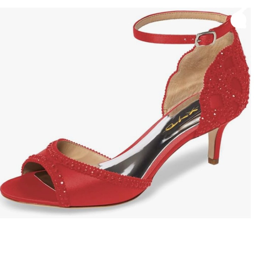 XYD Red Chic Peep Toe D'Orsay Kitten Heel Rhinestone Studs Ankle Strap Sandal
